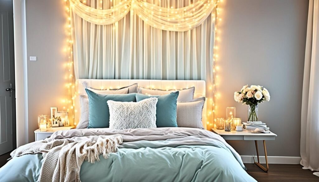 curtain headboard with fairy lights