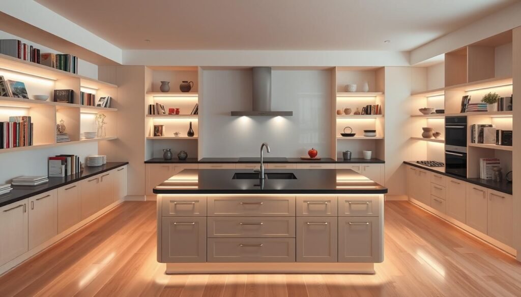 open shelving lighting