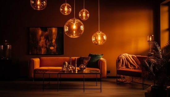 Comfortable modern living room with elegant lighting equipment generated by artificial intelligence